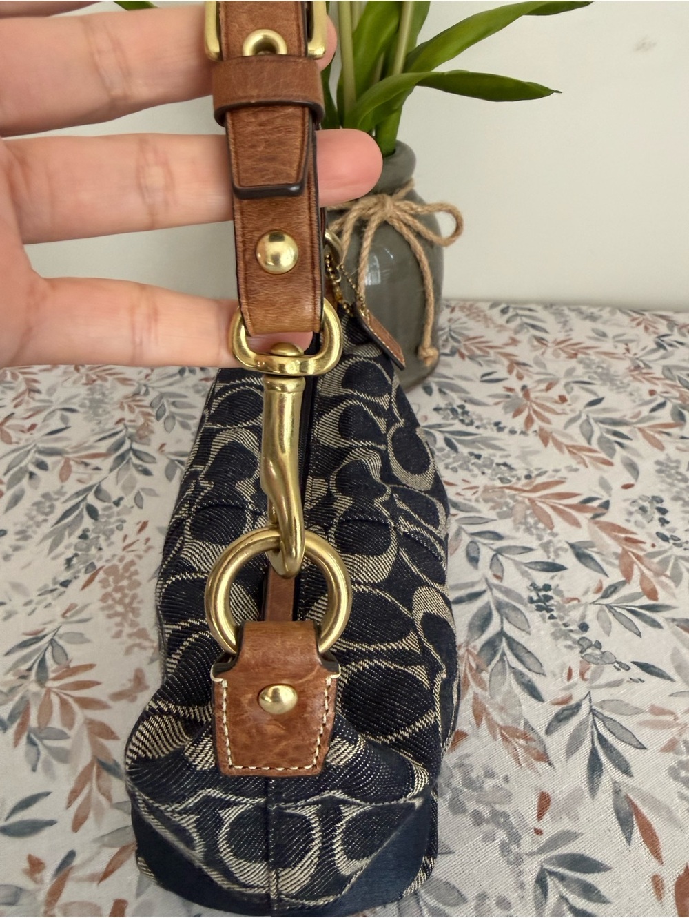 Coach Navy and Khaki Signature Canvas Shoulder Bag with Leather Trim - Picture 2 of 11